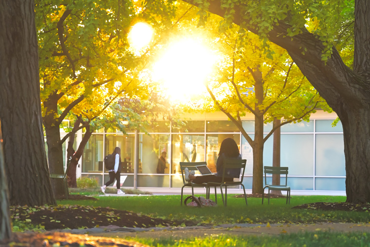 student sits on chair outside while working on laptop